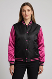 Studio photo of the black-and-pink satin jacket using the original woman model as reference
