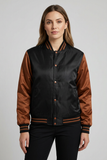 Women Satin Jacket Varsity Letterman Bomber Casual Winter Thermal Jackets Black/Brown