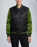 Women Satin Jacket Varsity Letterman Bomber Casual Winter Thermal Jackets Black/Green