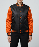 Women Satin Jacket Varsity Letterman Bomber Casual Winter Thermal Jackets Black/Orange
