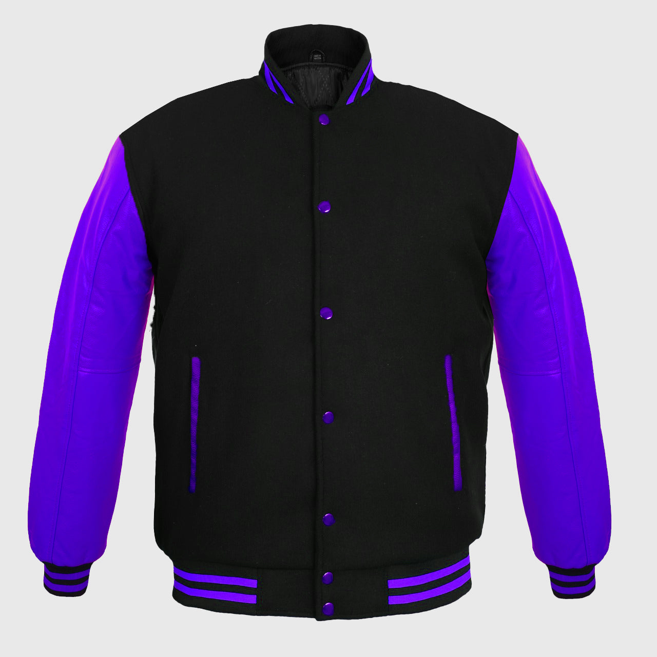 Men's Varsity Jackets Genuine Leather Sleeve And Wool Body Black/Purple