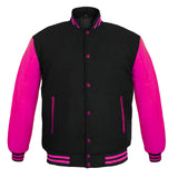 Men's Varsity Jackets Genuine Leather Sleeve And Wool Body Black/Pink