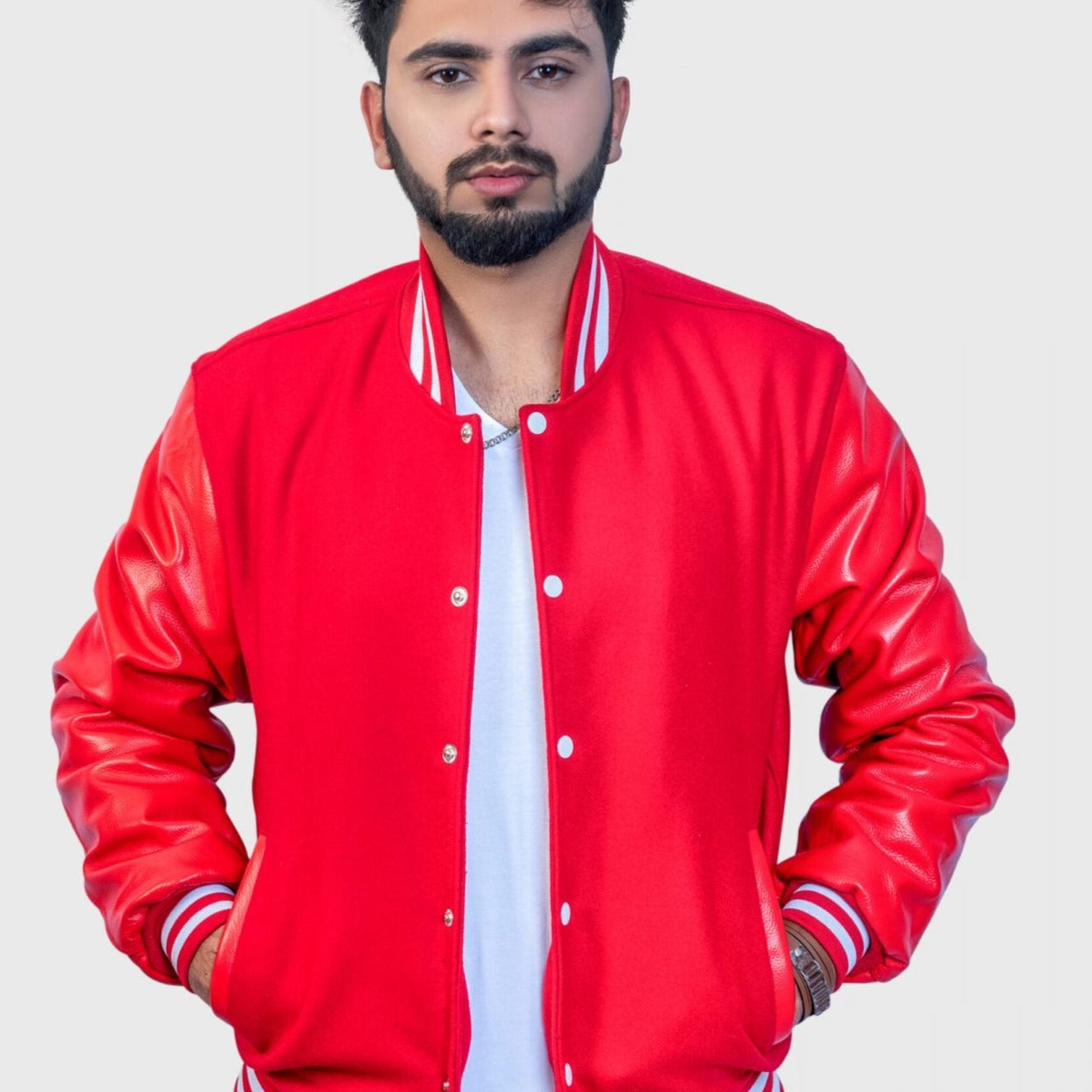 Men's Classic Varsity Jacket With Genuine Leather Sleeves & Wool Body - Baseball Letterman Style, Sizes XS-5XL