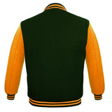 Men's Varsity Jackets Genuine Leather Sleeve And Wool Body Green/Yellow