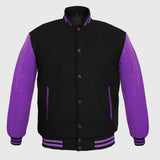 Men's Varsity Jackets Genuine Leather Sleeve And Wool Body Black/Light Purple