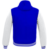Mens Hoodie Wool Body Genuine Cowhide Leather Arm Sleeves Letterman School/College HoodieBlue/White