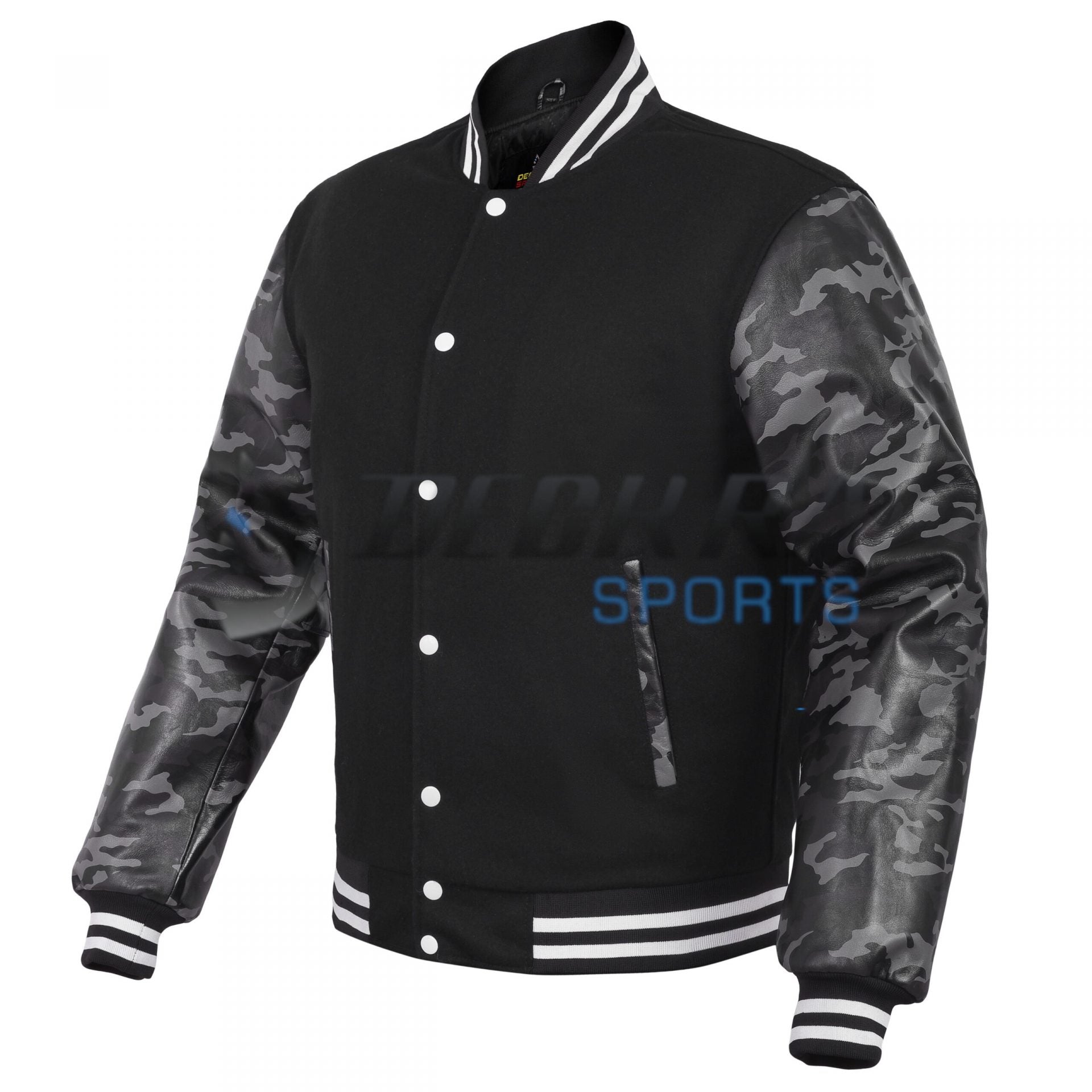 Deckra Sports Men's Varsity Jacket Camo Printed Genuine Leather Sleeve and Wool Blend Letterman Boys College Varsity Jackets XXS-5XL 4XL