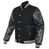 Men's Varsity Jacket Camo Printed Genuine Leather Sleeve and Wool Blend Letterman Boys College Varsity Jackets XXS-5XL