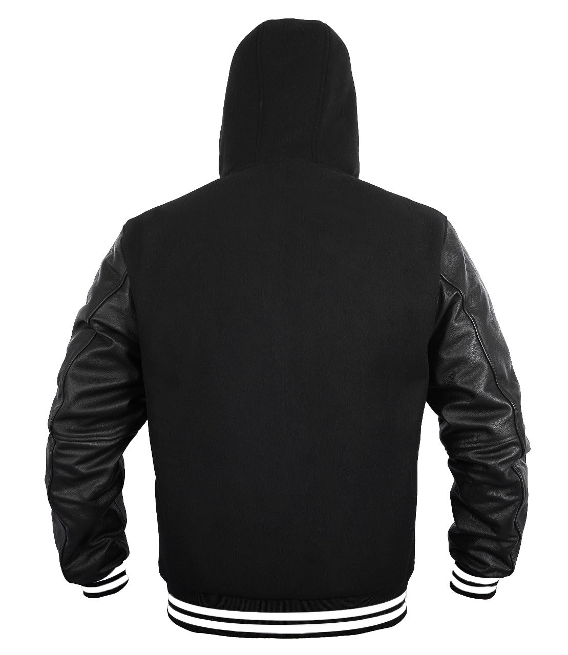 Mens Hoodie Wool+Leather Black Body with Black Genuine Leather Arm Sleeves Letterman College Jacket/Hoodie