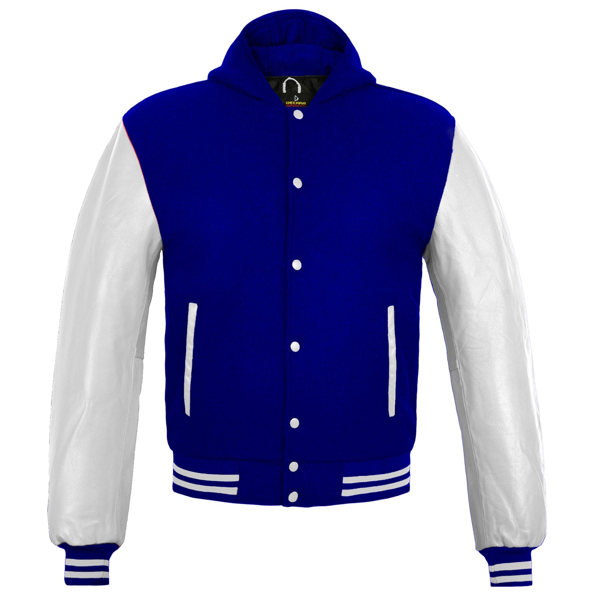 Mens Hoodie Wool+Genuine Leather College Baseball Letterman Varsity Hoodie Navy Blue/White