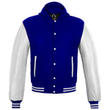 Mens Hoodie Wool+Genuine Leather College Baseball Letterman Varsity Hoodie Navy Blue/White