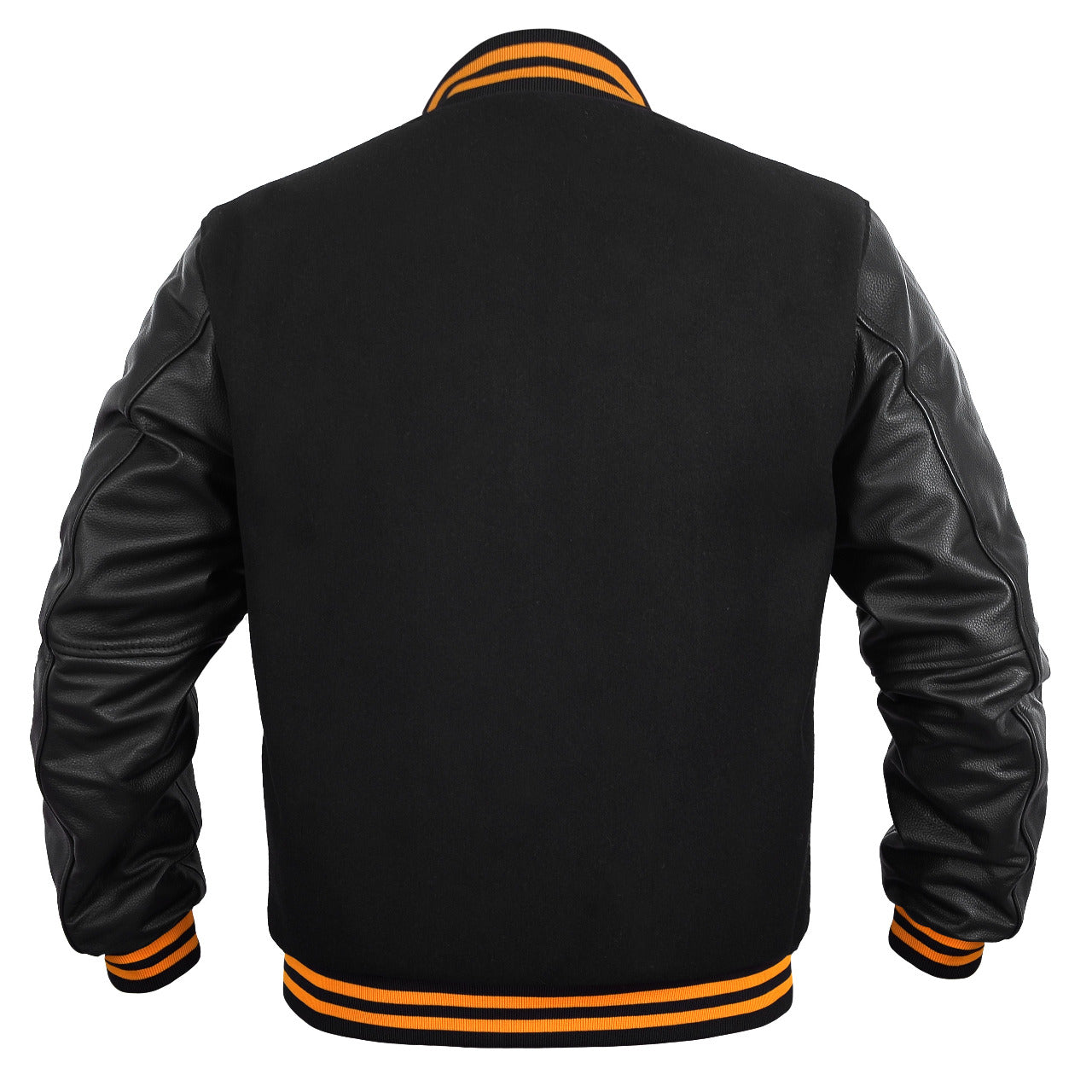 Men’s Varsity Jacket Genuine Leather Sleeve and Wool Body All Black(Yellow Line)