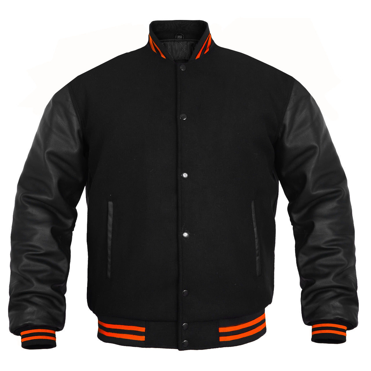 Men’s Varsity Jacket Genuine Leather Sleeve and Wool Body All Black(Orange Line)