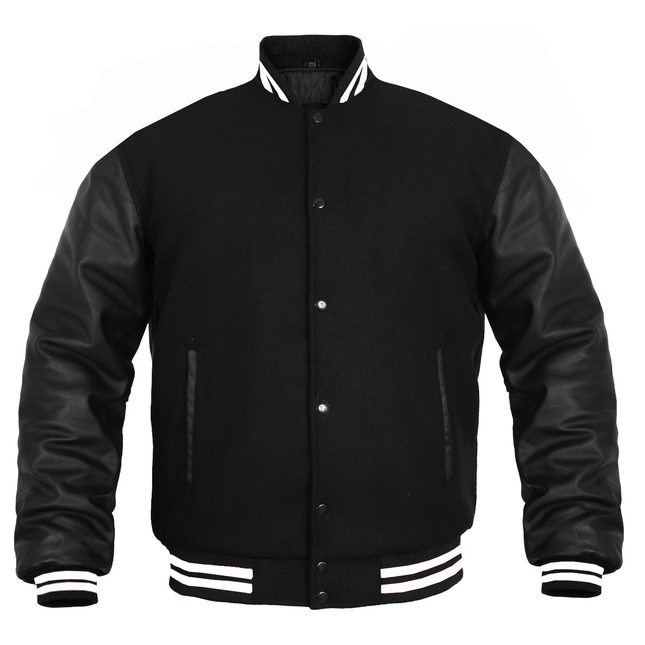 Women Varsity Jacket Wool Body + Genuine Leather Arm Sleeves Baseball College Letterman All Black (White line)