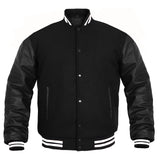 Men’s Varsity Jacket Genuine Leather Sleeve and Wool Body Black