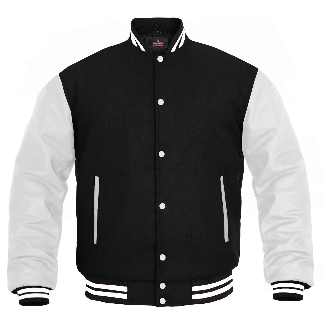Men’s Varsity Jacket Genuine Leather Sleeve and Wool Body Black/White