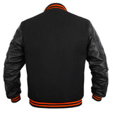 Men’s Varsity Jacket Faux Leather Sleeve and Wool Body All Black (orange trim)
