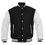 Men’s Varsity Jacket Faux Leather Sleeve and Wool Body Black/White