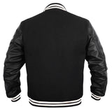 Men’s Varsity Jacket Faux Leather Sleeve and Wool Body All Black (white trim)