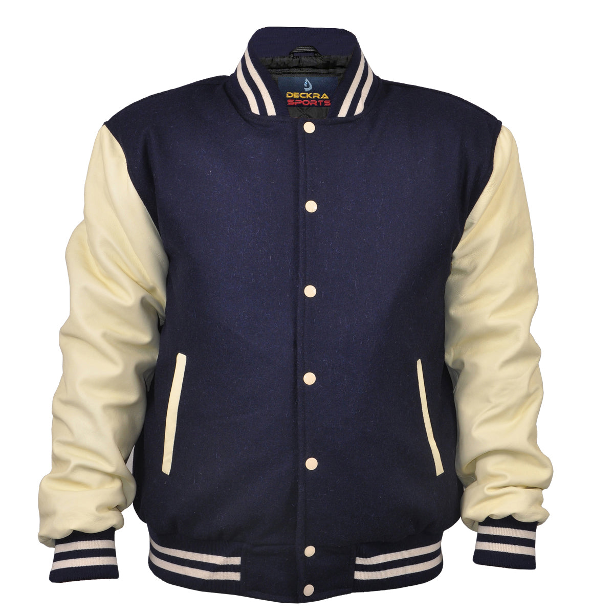 Mens Jacket Wool+Leather Navy Blue/Cream