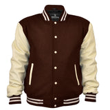 Men's Varsity Jackets Genuine Leather Sleeve And Wool Body Brown/Cream