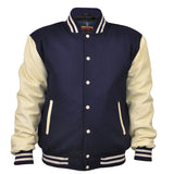 Mens Jacket Wool+Leather Navy Blue/Cream
