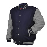 Mens Jacket Wool+Leather Navy Blue/Light Grey