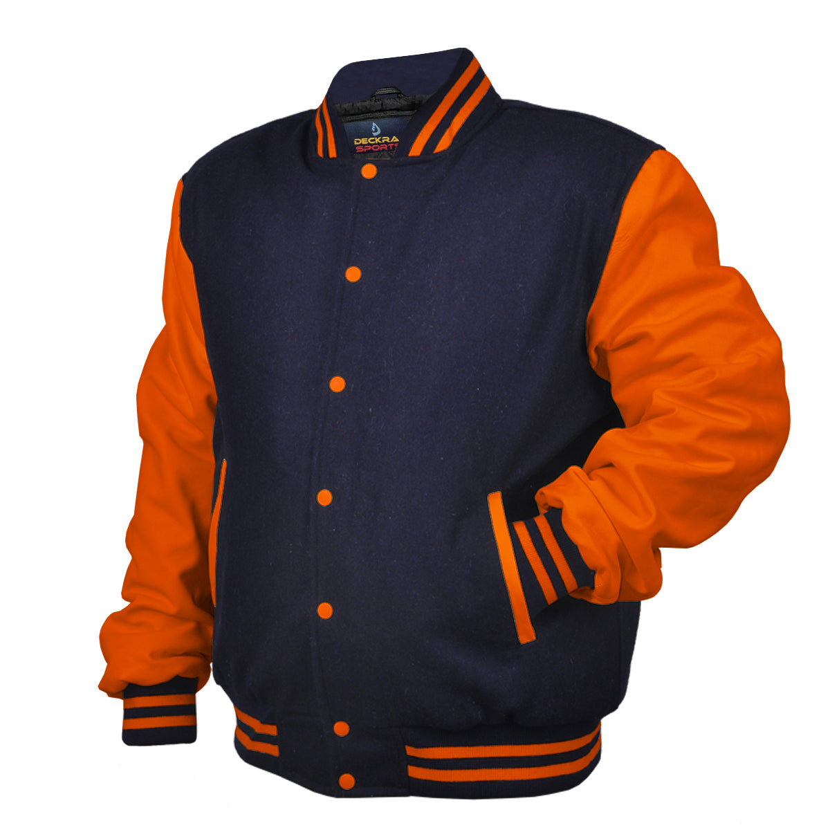 Men’s Varsity Jacket Genuine Leather Sleeve and Wool Body Navy blue/Orange
