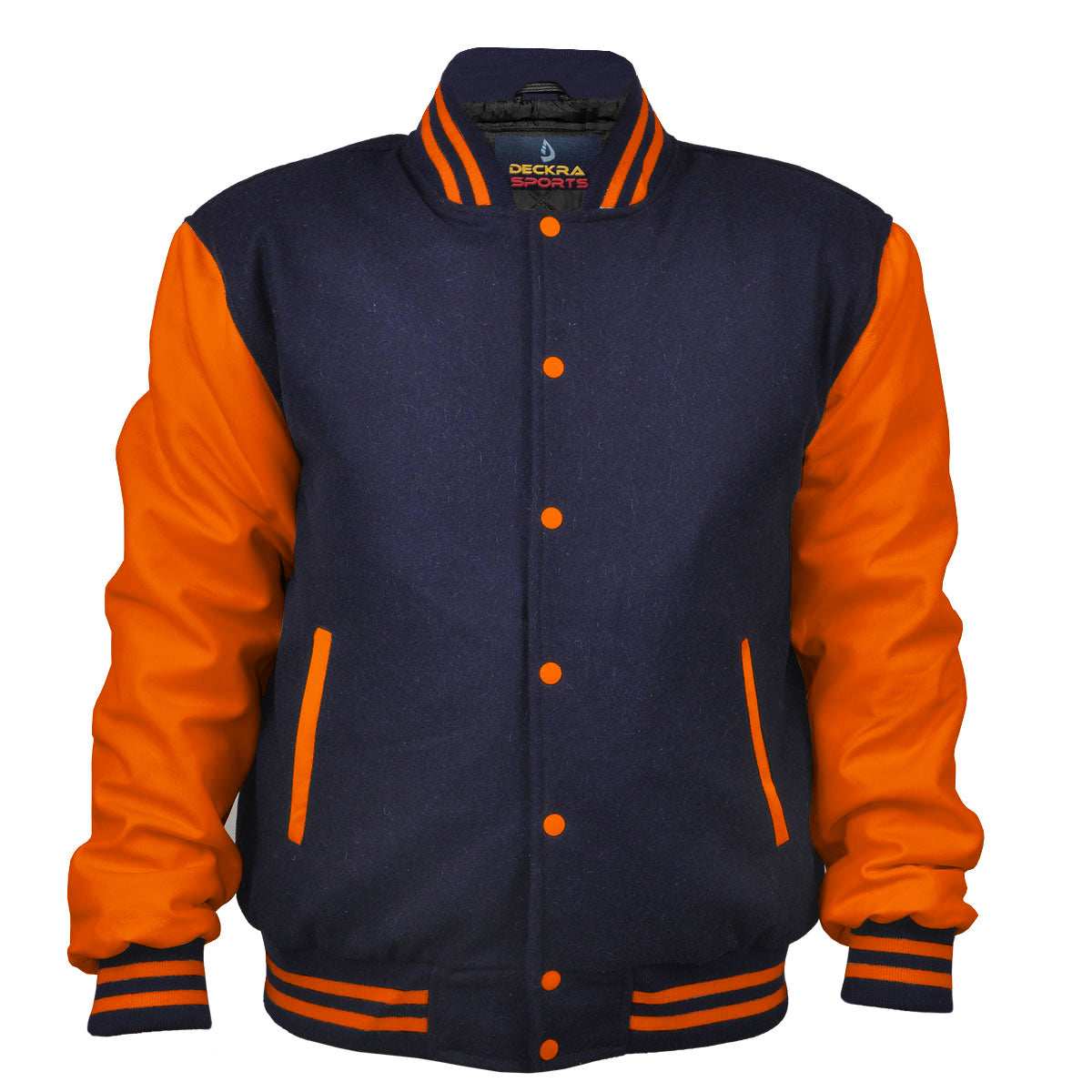Men’s Varsity Jacket Genuine Leather Sleeve and Wool Body Navy blue/Orange