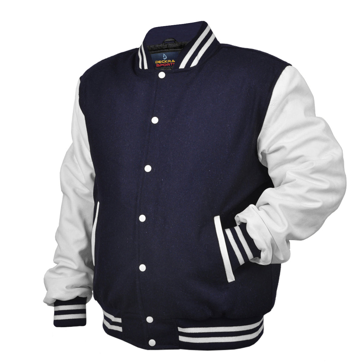 Men’s Varsity Jacket Faux Leather Sleeve and Wool Body Navy/White