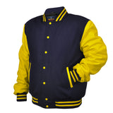 Woman Jacket Wool+Leather Navy Blue/Yellow