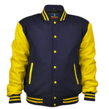 Mens Jacket Wool+Leather Navy Blue/Yellow