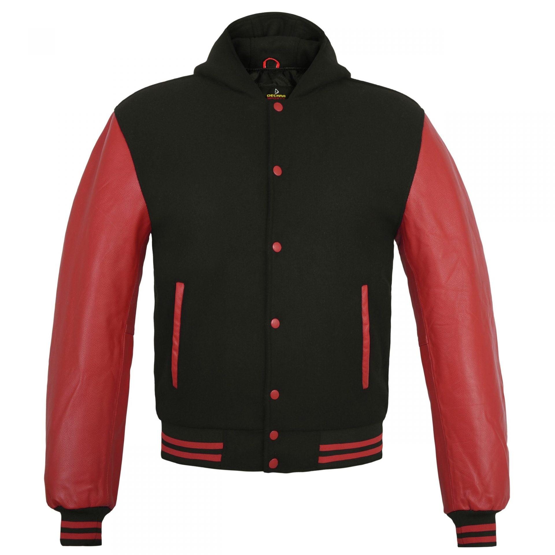 Women Hoodie Wool+Leather College Varsity Jacket Style Black/Red Hoodie