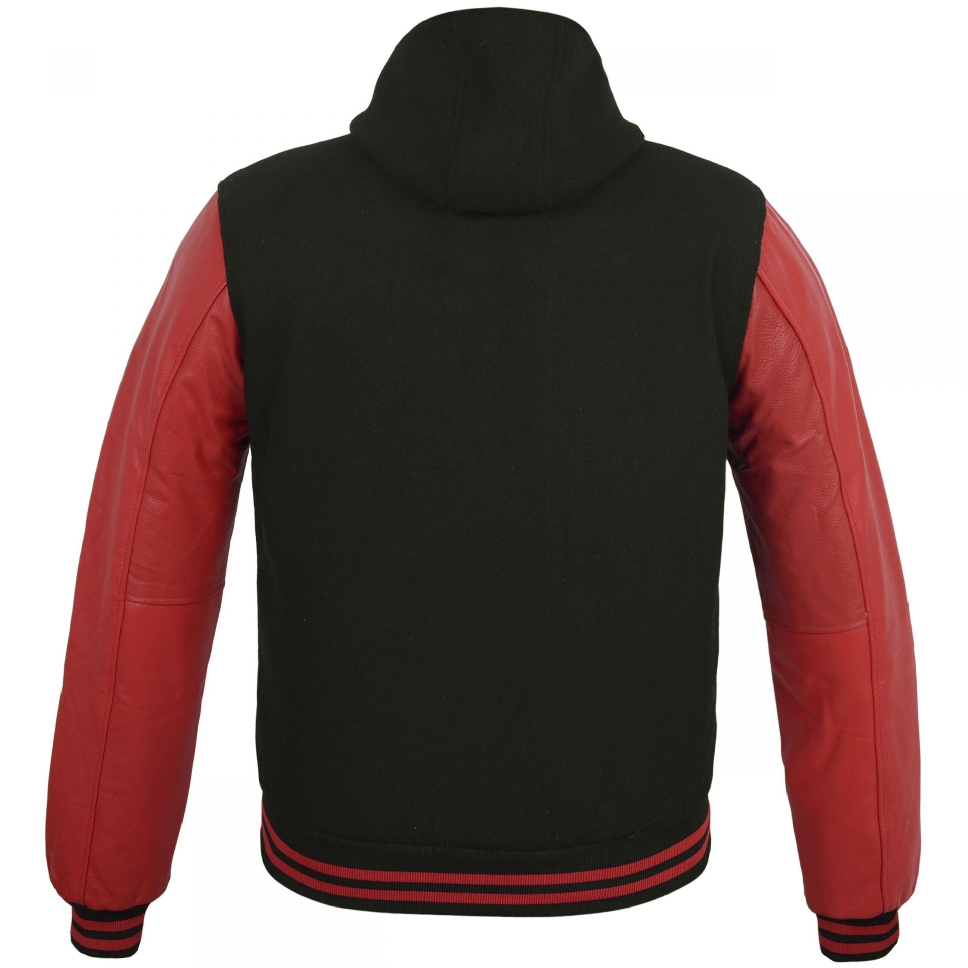 Mens Varsity Style Hoodie Wool Body Genuine Leather Black/Red