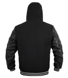Mens Hoodie Wool Body Genuine Leather Arm Sleeves Varsity Style Hoodie Black Grey Line
