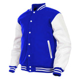 Kids Varsity Jacket Genuine Leather Sleeve and Wool Blend Letterman Boys College/School Varsity Jackets Blue/White