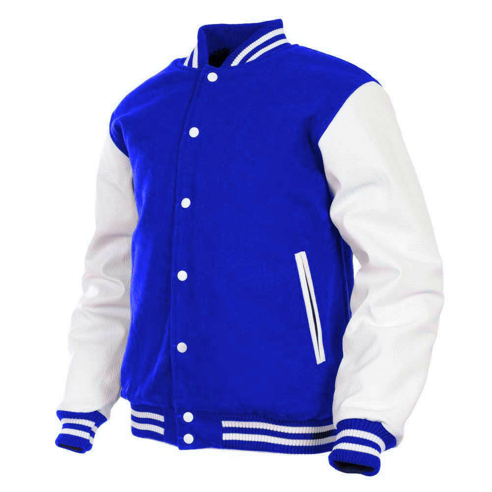 Light Blue & White Full Sleeves Men Leather Varsity Jacket, Medium