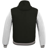 Mens Hoodie Wool body Genuine Cowhide Leather Arm Sleeves College Letterman Varsity Hoodie Black/White