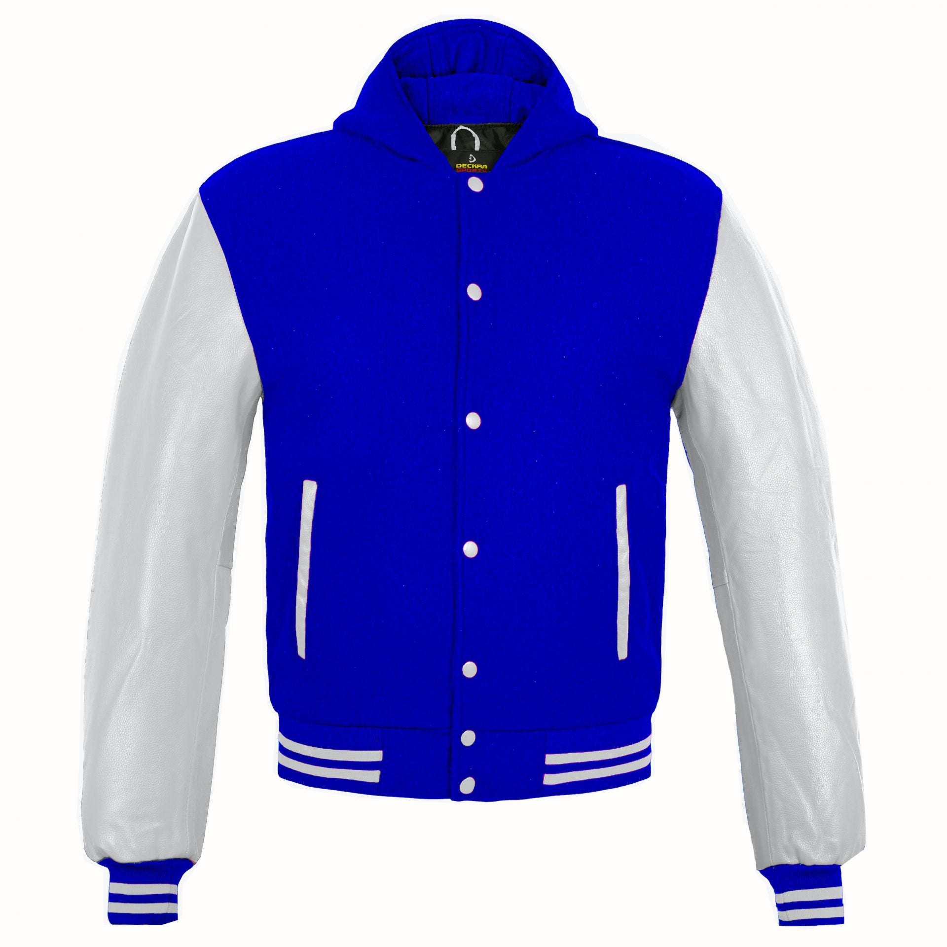 Mens Hoodie Wool Body Genuine Cowhide Leather Arm Sleeves Letterman School/College HoodieBlue/White