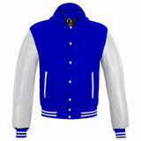 Mens Hoodie Wool Body Genuine Cowhide Leather Arm Sleeves Letterman School/College HoodieBlue/White