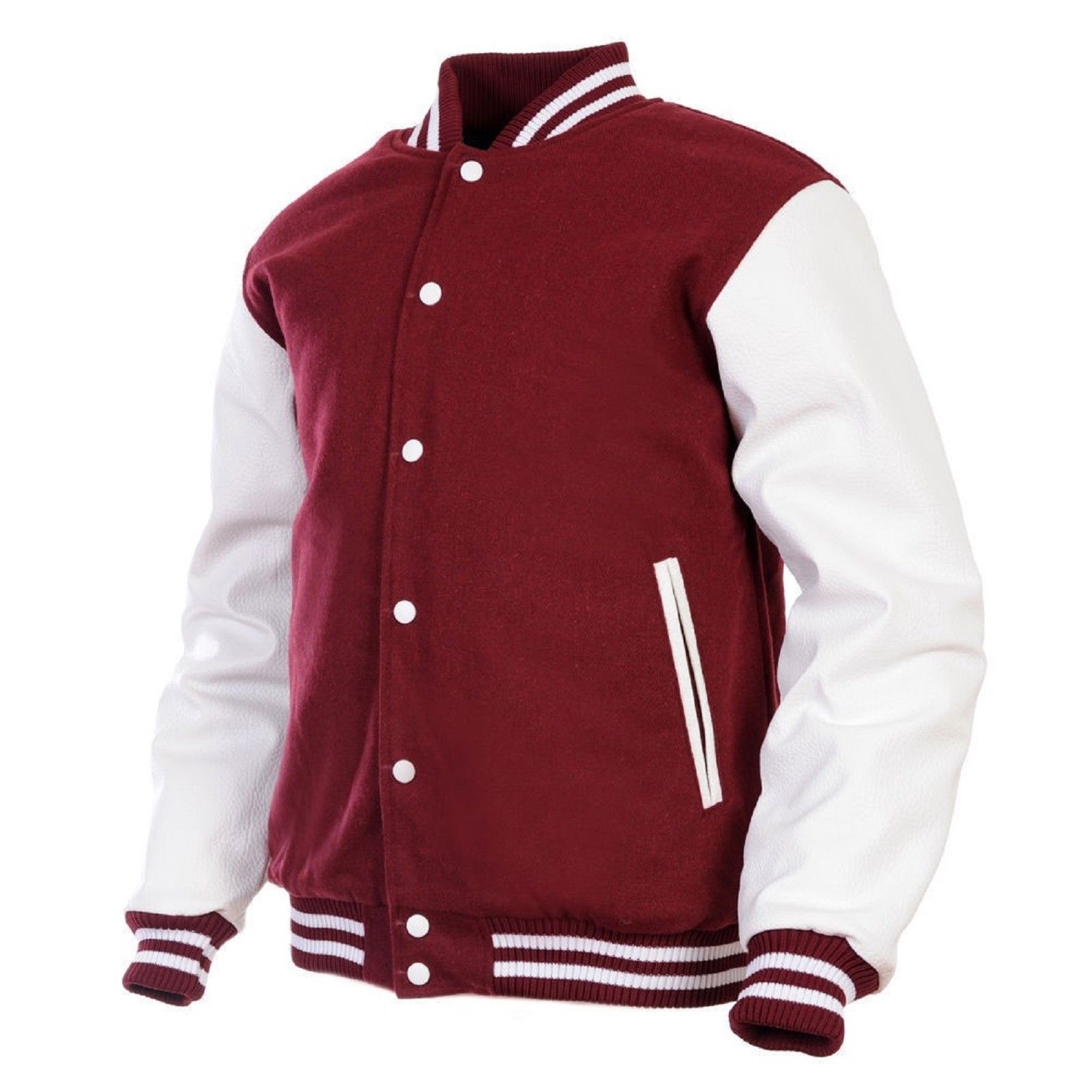 Men’s Varsity Jacket Faux Leather Sleeve and Wool Body Maroon/White