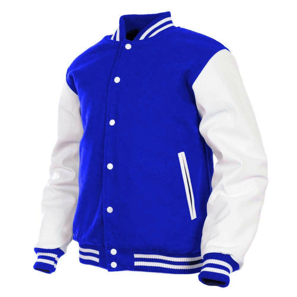 Men’s Varsity Jacket Genuine Leather Sleeve and Wool Body Blue/White