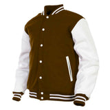 Women Varsity Jacket Wool+Genuine Cowhide Leather Brown/White