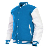 Men’s Varsity Jacket Faux Leather Sleeve and Wool Body Sky Blue/White