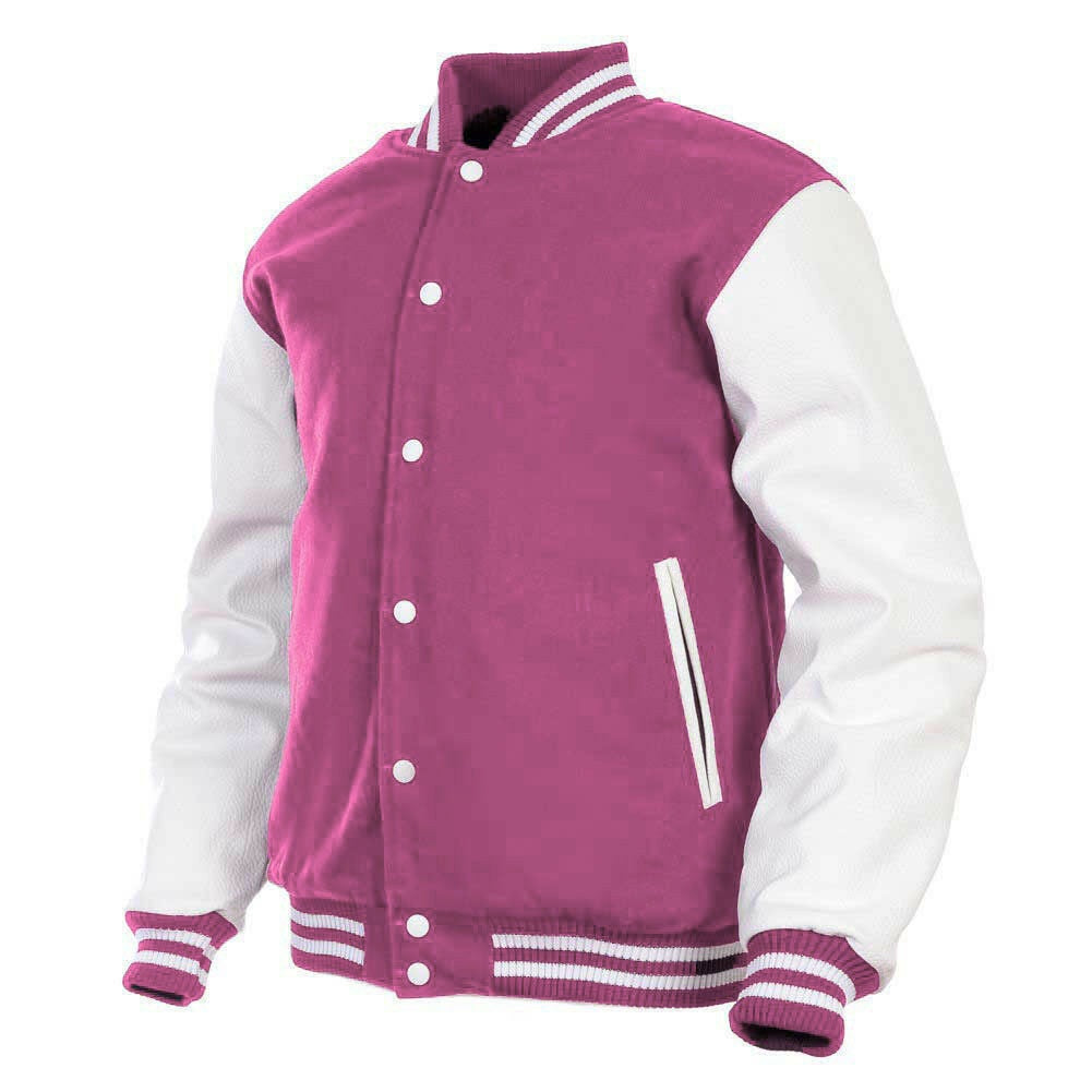 Kids Varsity Jacket Genuine Leather Sleeve and Wool Blend Letterman Boys College/School Varsity Jackets Pink/White