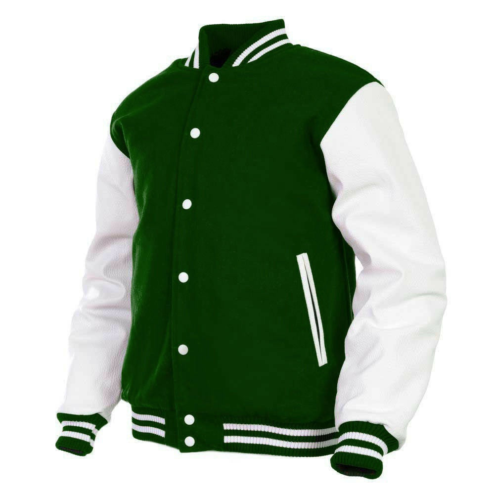 Men’s Varsity Jacket Genuine Leather Sleeve and Wool Body Green/White