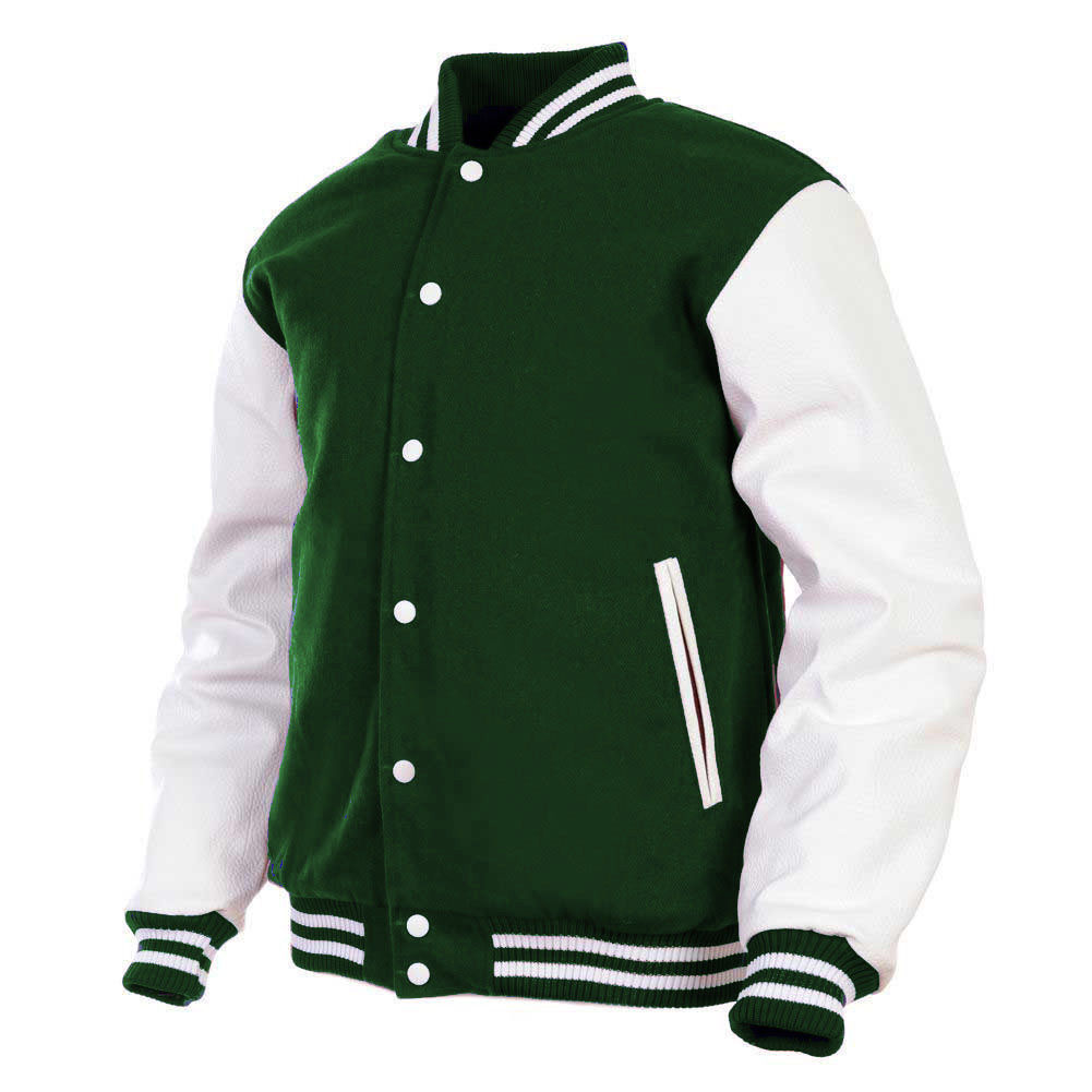 Men’s Varsity Jacket Faux Leather Sleeve and Wool Body Green/White